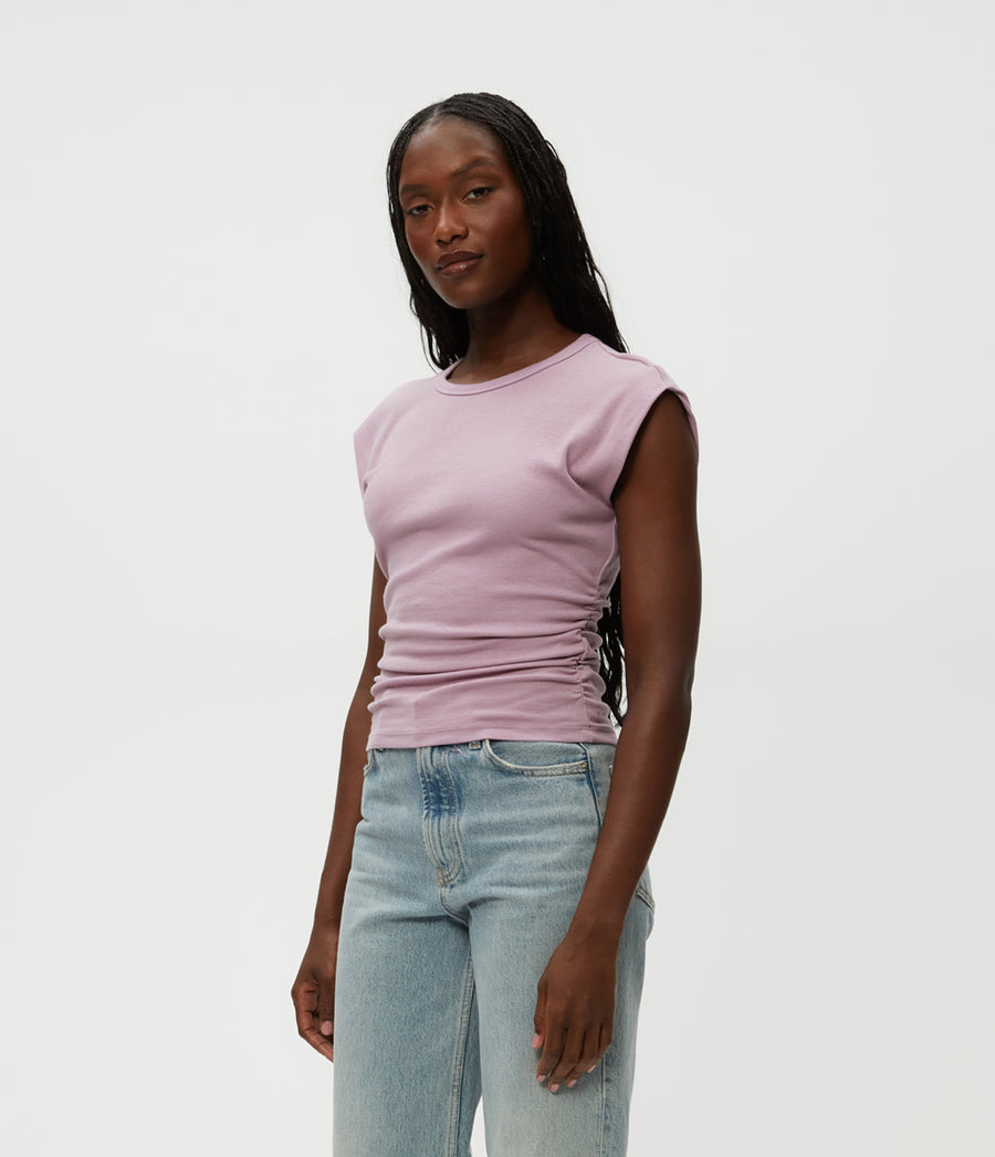 Joni Power Shoulder Tee in Sachet Pink Side View #SACHET