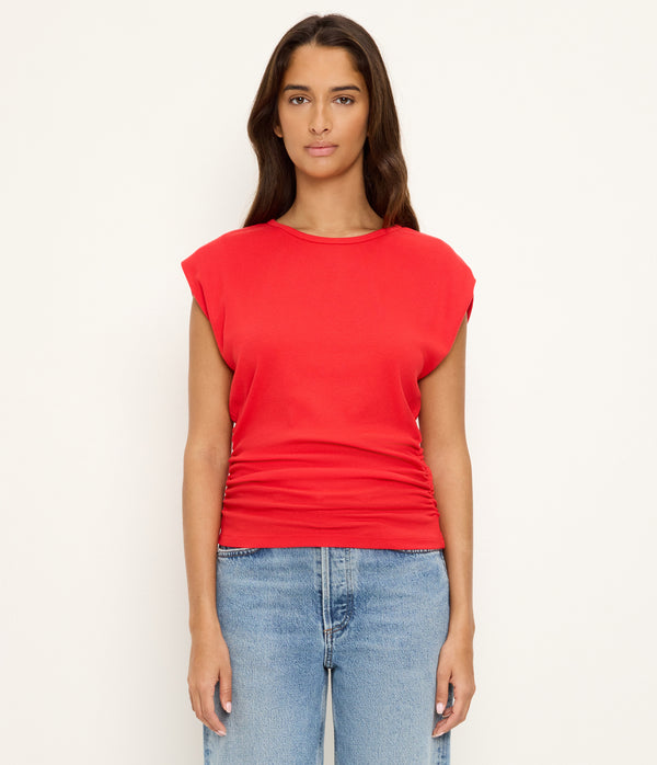 Joni Power Shoulder Tee in SAMBA RED Full Body View #SAMBA