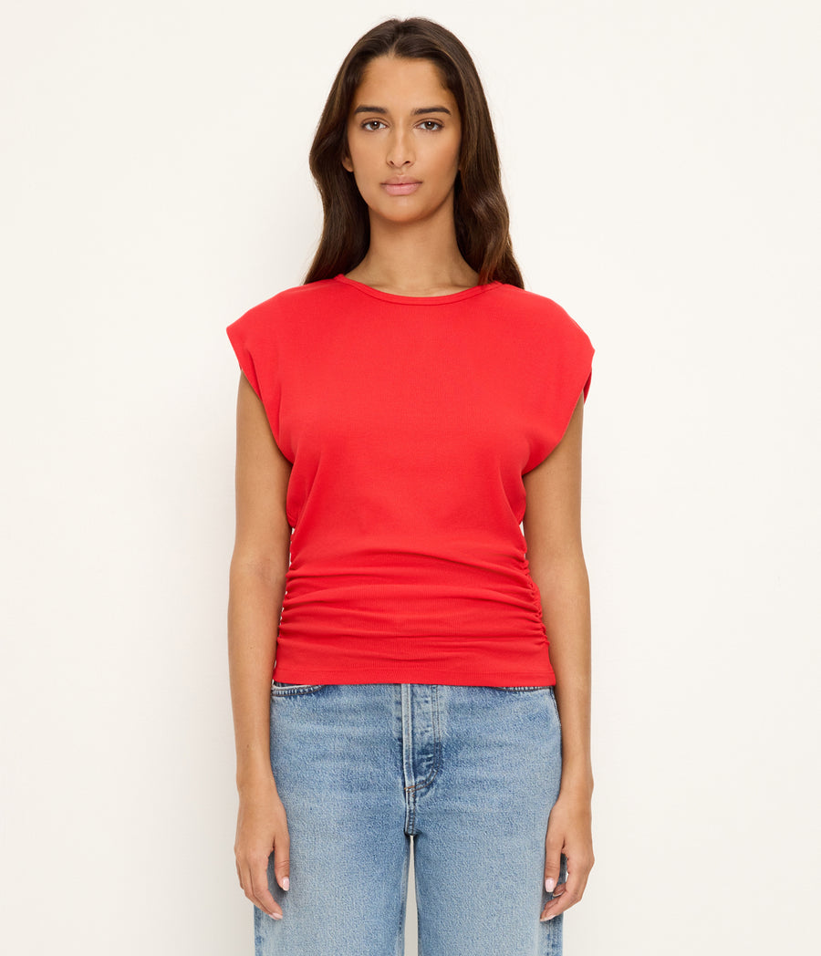 Joni Power Shoulder Tee in SAMBA RED Full Body View #SAMBA