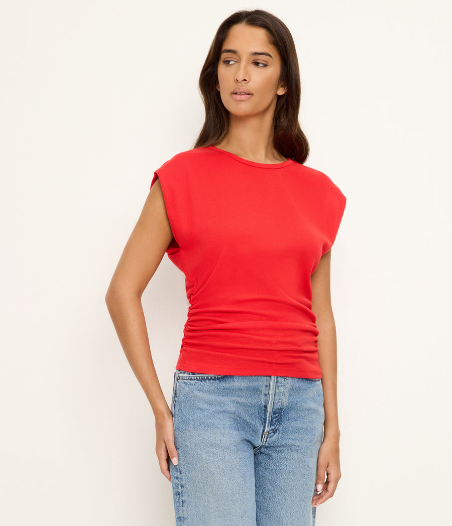 Joni Power Shoulder Tee in SAMBA RED Side View #SAMBA