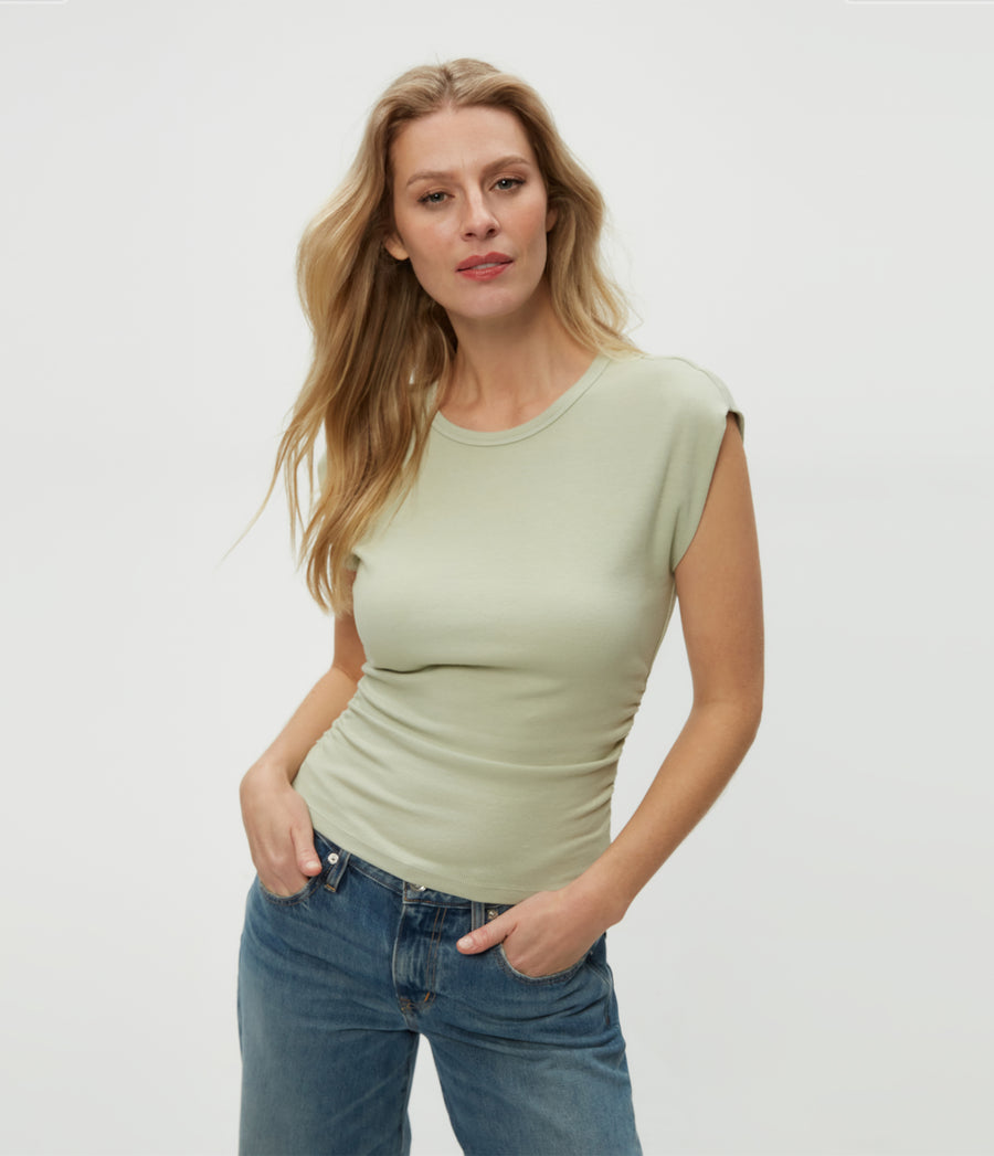 Joni Power Shoulder Tee in Seacrest Green Close Up View #SEACREST
