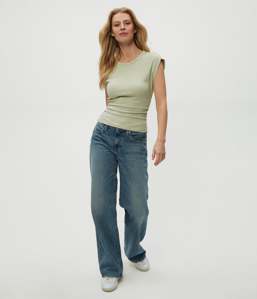 Joni Power Shoulder Tee in Seacrest Green Full Body View #SEACREST