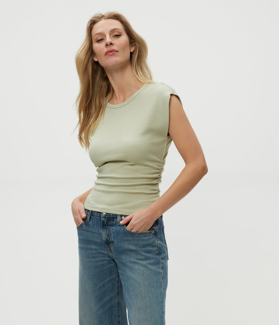 Joni Power Shoulder Tee in Seacrest Green Side View #SEACREST