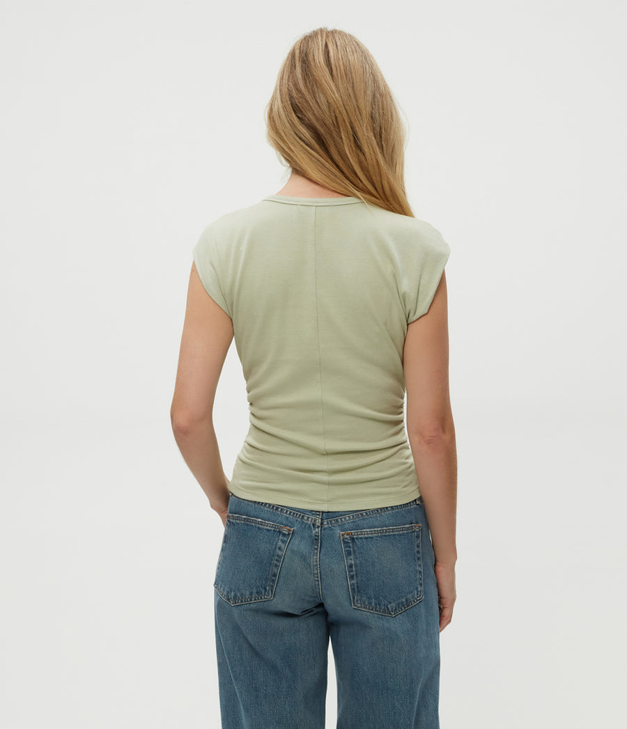 Joni Power Shoulder Tee in Seacrest Green Back View #SEACREST