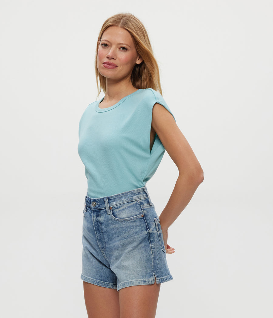 Joni Power Shoulder Tee in SERENE BLUE Side View #SERENE
