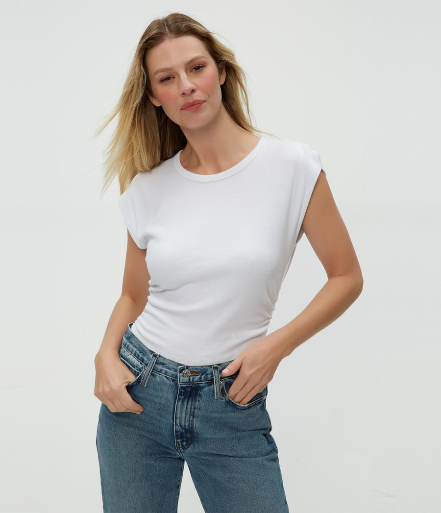 Joni Power Shoulder Tee in White  Close Up View #WHITE