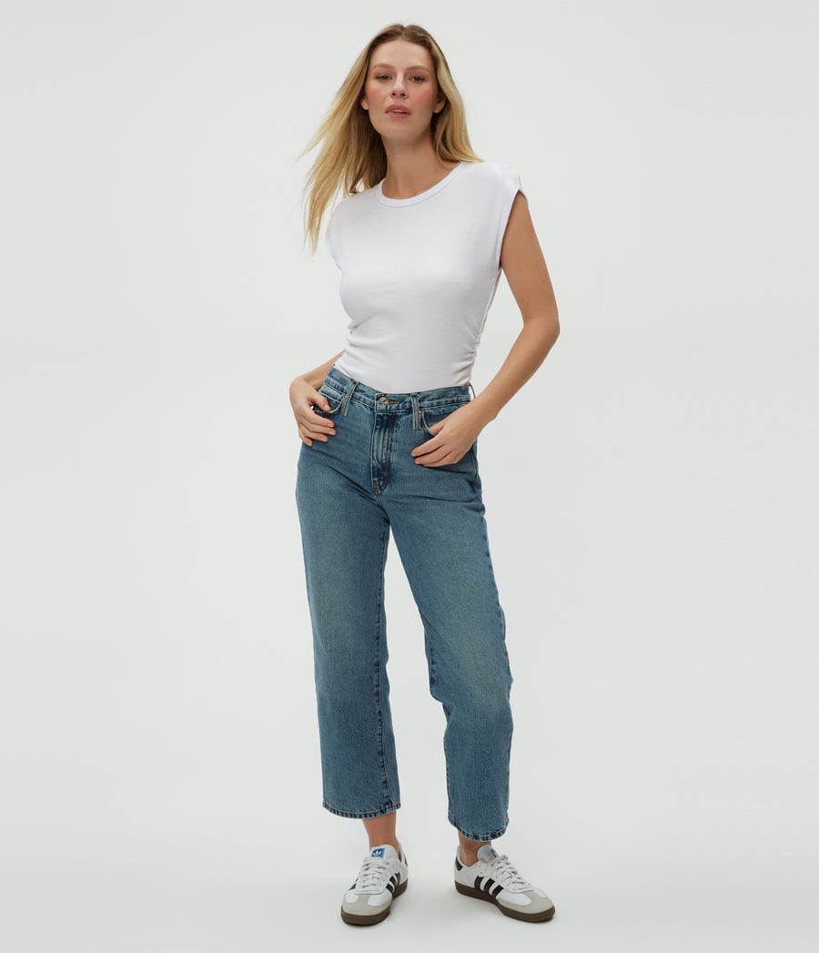 Joni Power Shoulder Tee in White  Full Body View #WHITE