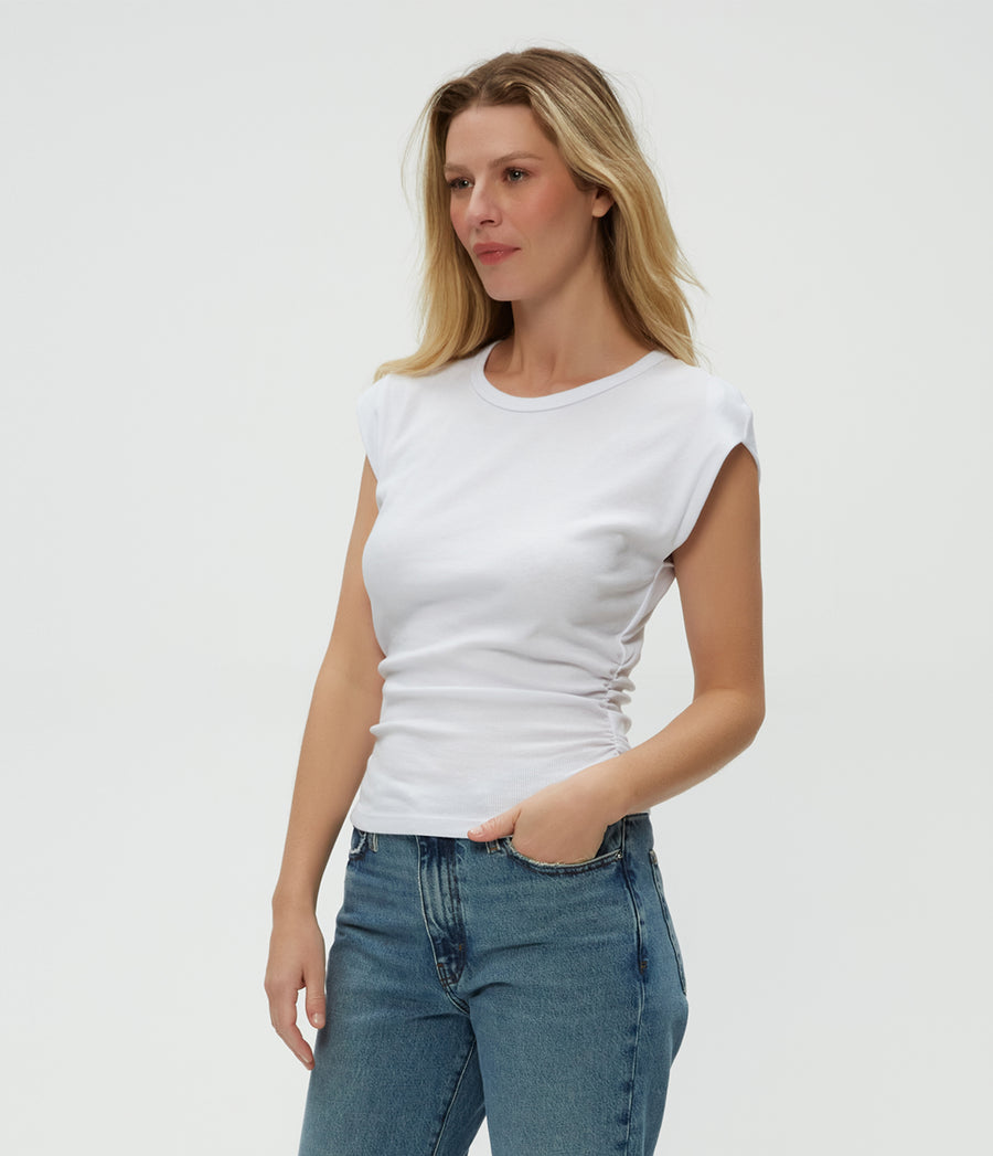 Joni Power Shoulder Tee in White  Side View #WHITE