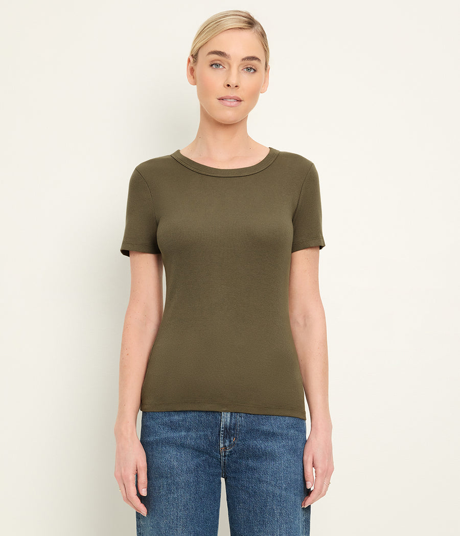 Rico Crewneck Tee in CAPER Green Full Body View #CAPER