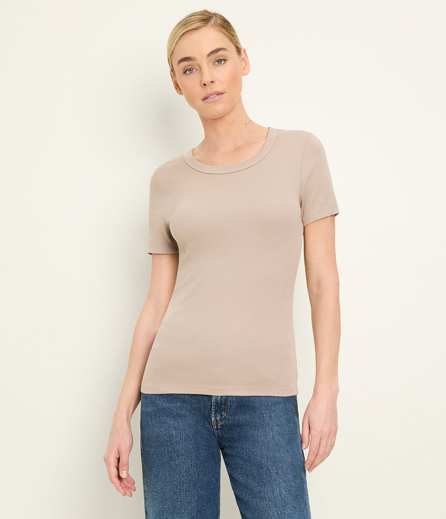 Rico Crewneck Tee in  MACADAMIA Beige Close up View #MACADAMIA