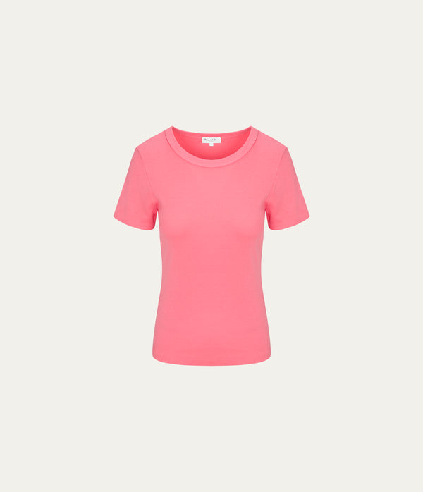 Rico Crewneck Tee  in CORAL SHERBET PINK Close up View #CORAL SHERBET