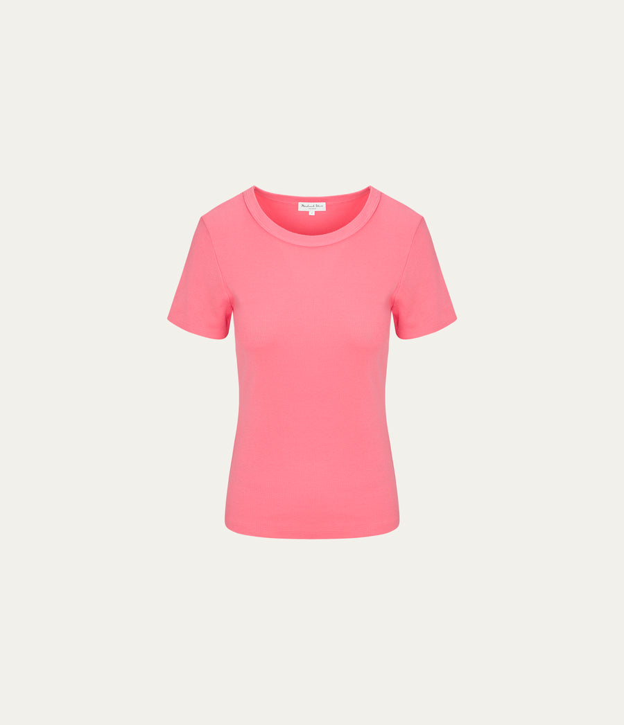 Rico Crewneck Tee  in CORAL SHERBET PINK Close up View #CORAL SHERBET