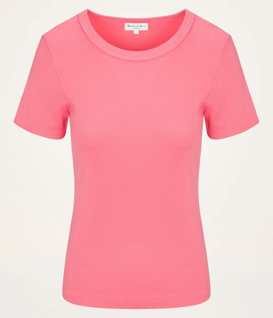 Rico Crewneck Tee  in CORAL SHERBET PINK Close up View #CORAL SHERBET