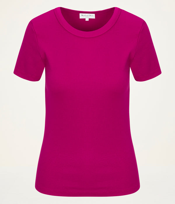 Rico Crewneck Tee  in FRENCH ROSE RED Close Up View  #FRENCH ROSE