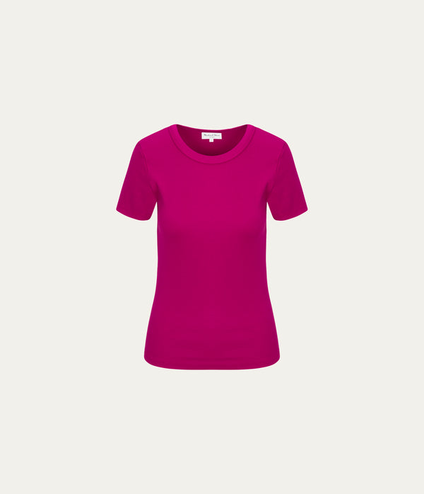 Rico Crewneck Tee  in FRENCH ROSE RED Close Up View  #FRENCH ROSE