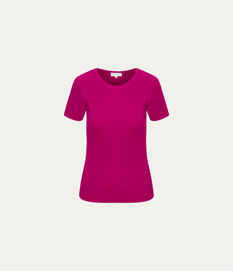 Rico Crewneck Tee  in FRENCH ROSE RED Close Up View  #FRENCH ROSE