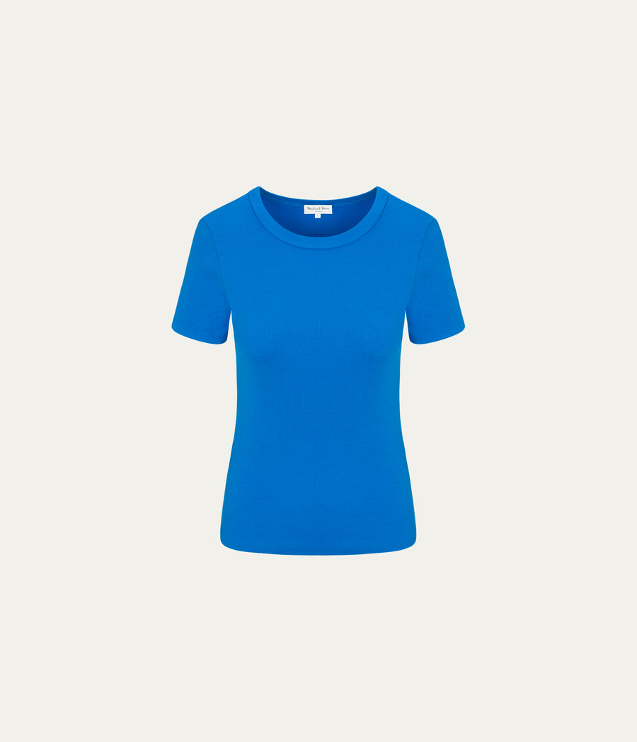 Rico Crewneck Tee in PACIFIC BLUE Close up View #PACIFIC