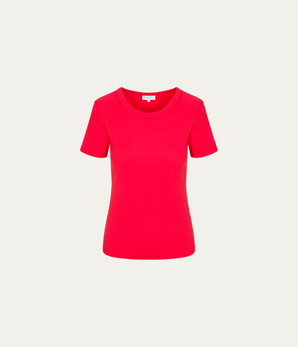 Rico Crewneck Tee in SAMBA RED Close up View #SAMBA