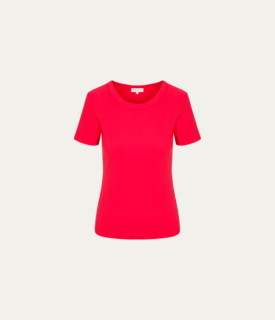 Rico Crewneck Tee in SAMBA RED Close up View #SAMBA