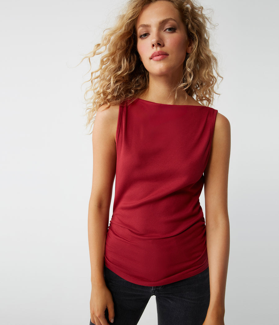 Coco Ruched Boat Neck Top in Carmine Red Close Up View #CARMINE