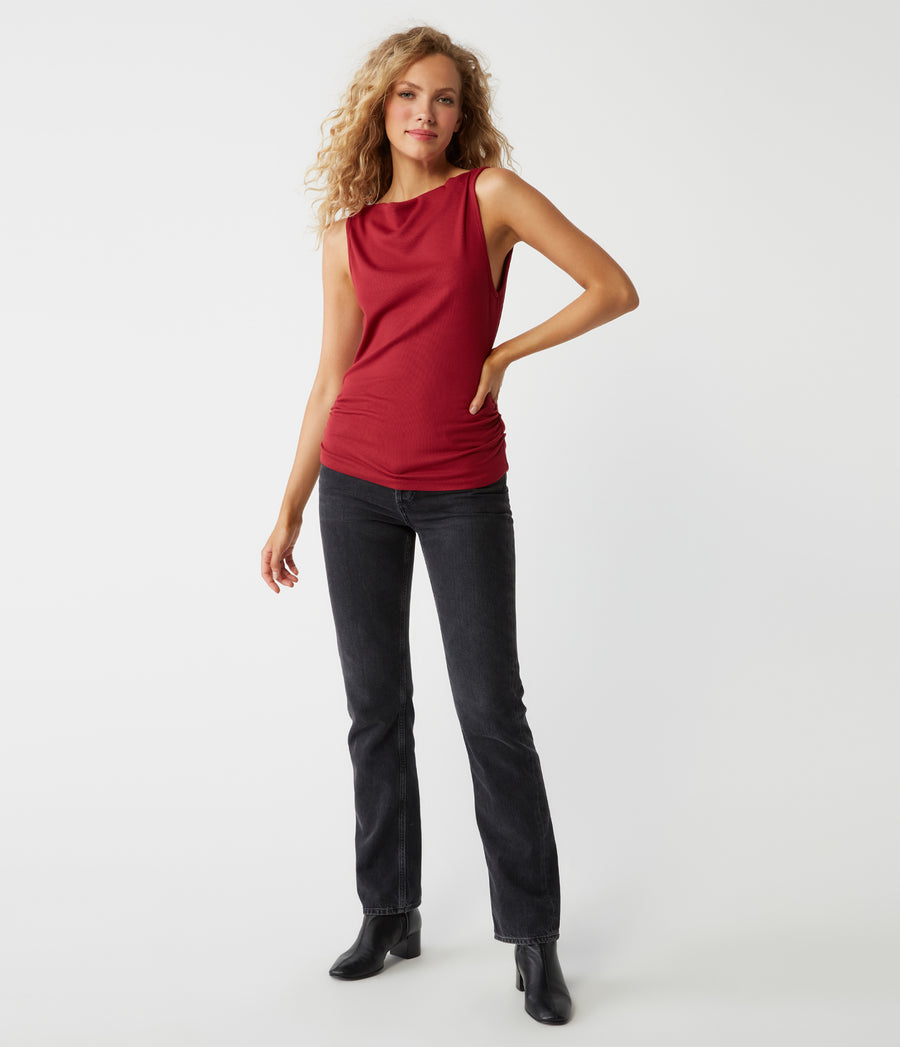 Coco Ruched Boat Neck Top in Carmine Red Full Body View #CARMINE