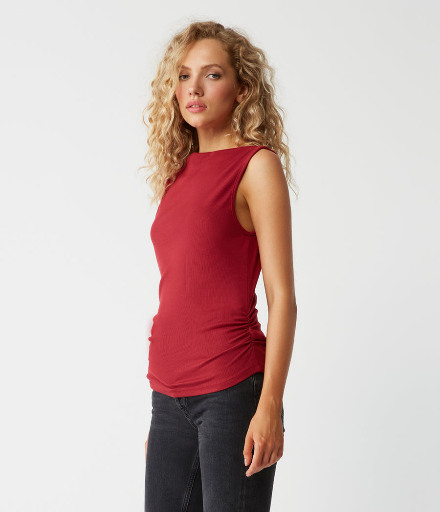 Coco Ruched Boat Neck Top in Carmine Red Side View #CARMINE