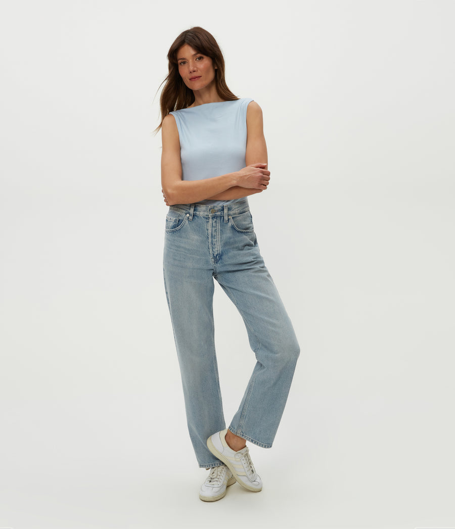 Coco Ruched Tank in Fountain Blue Close Up View #FOUNTAIN