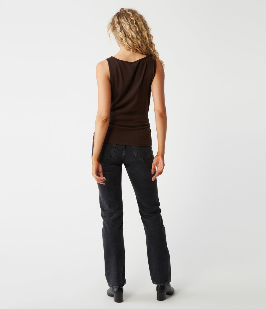 Coco Ruched Boat Neck Top in Java Brown Back View #JAVA