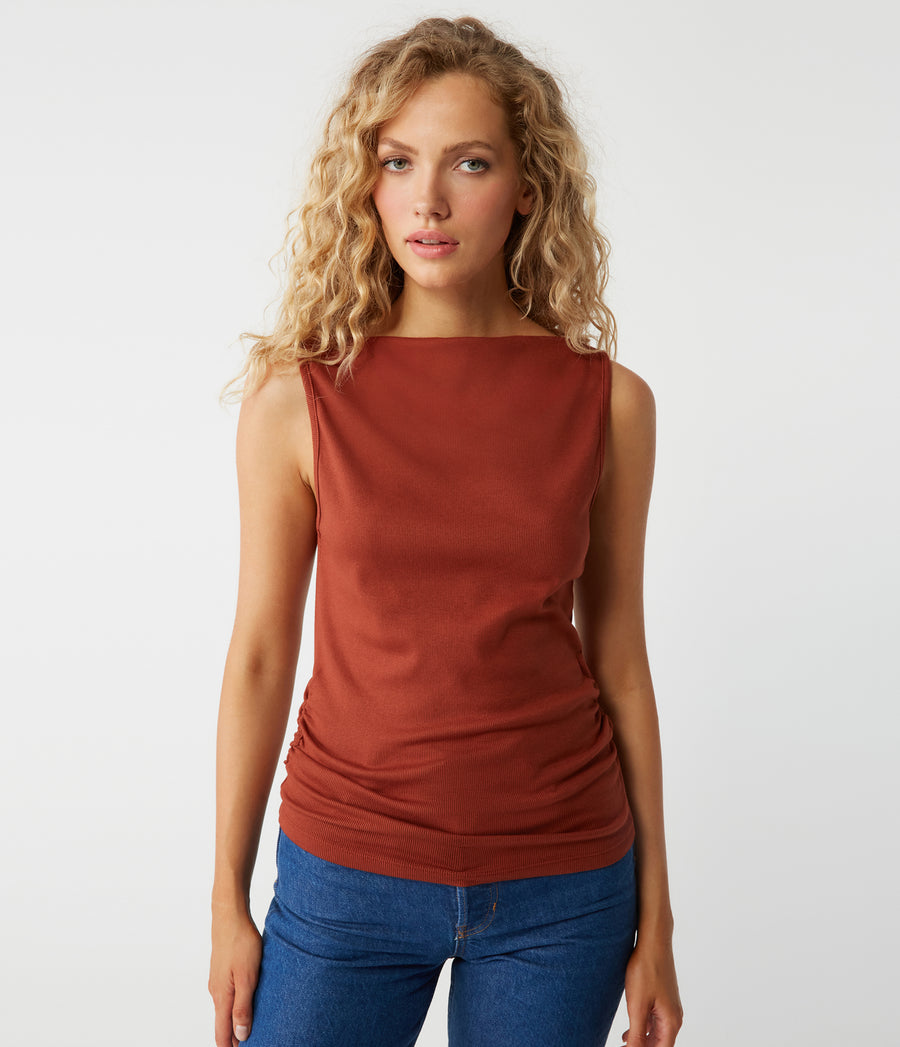 Coco Ruched Boat Neck Top in Lava Red Close Up View #LAVA