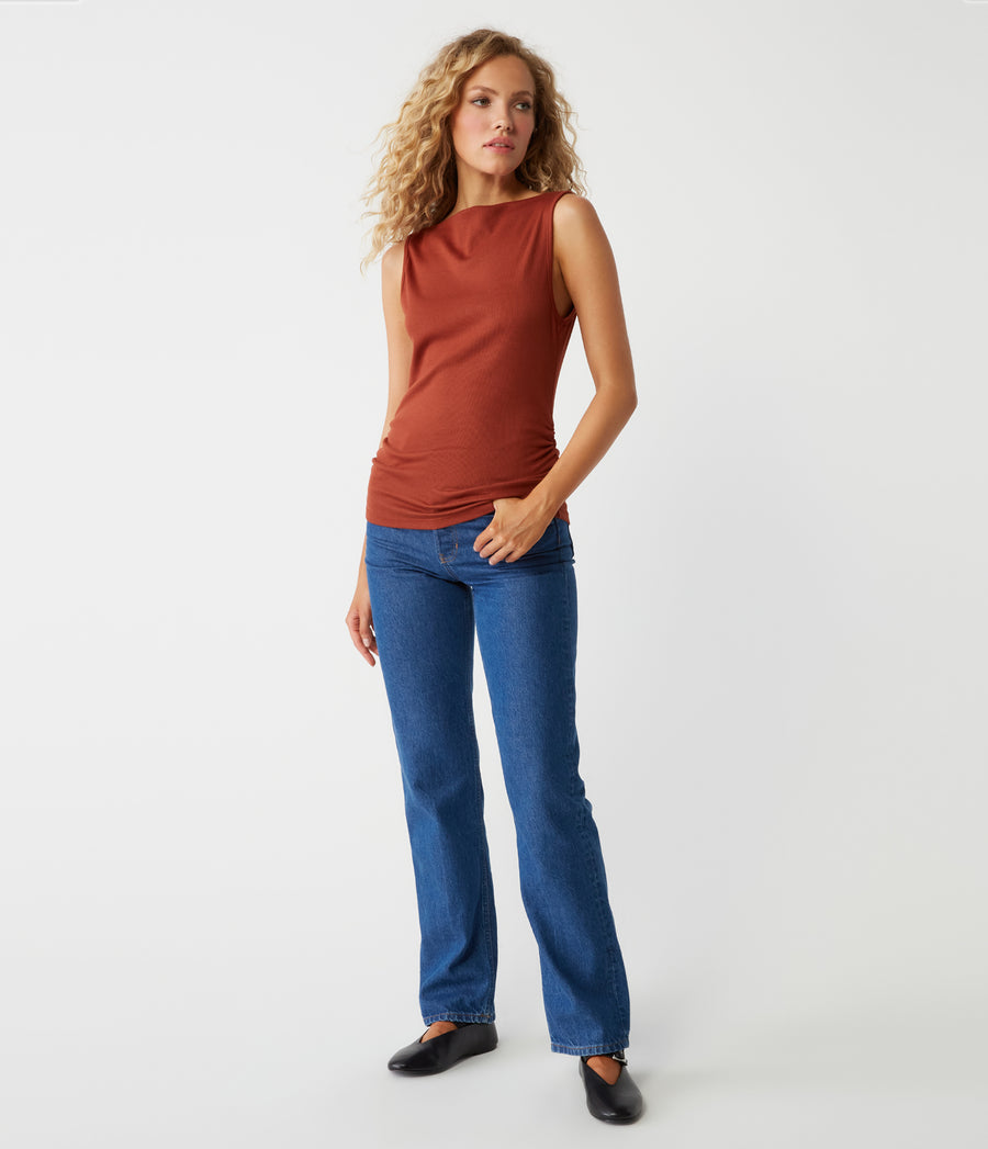 Coco Ruched Boat Neck Top in Lava Red Full Body View #LAVA