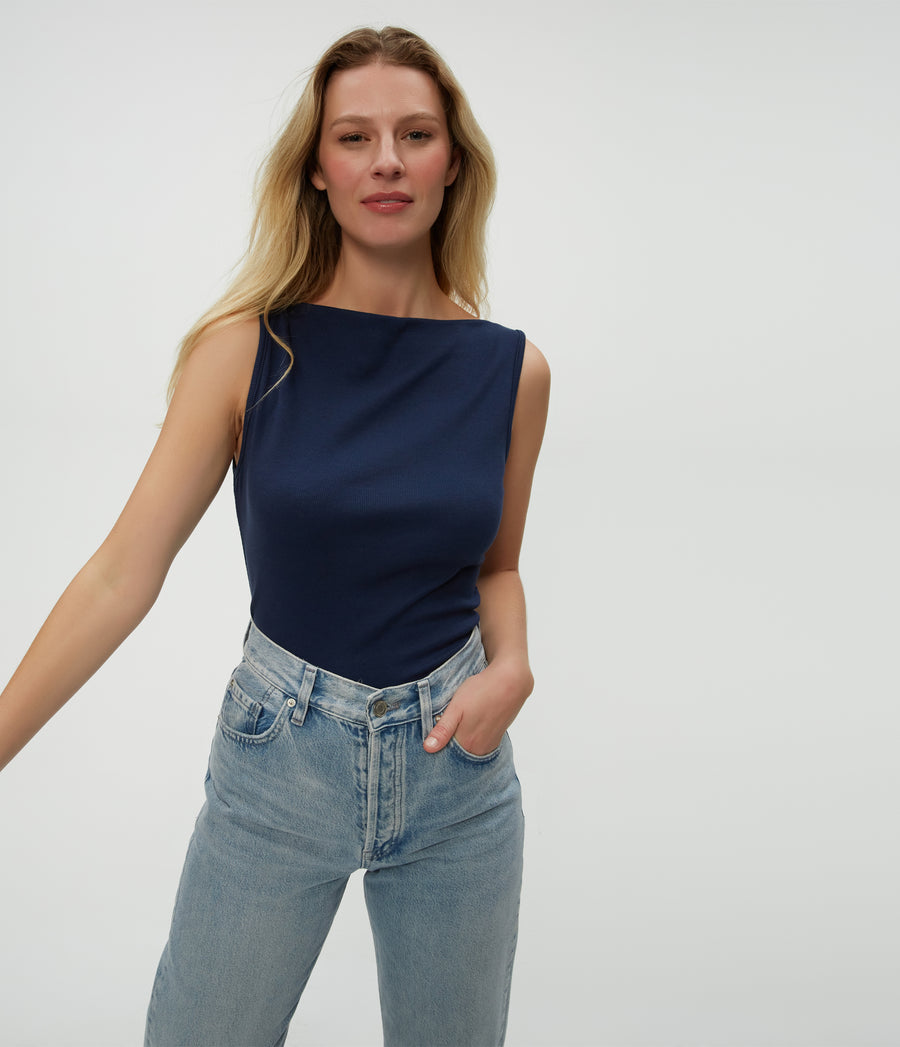 Coco Ruched Tank in Nocturnal Blue Close Up View #NOCTURNAL