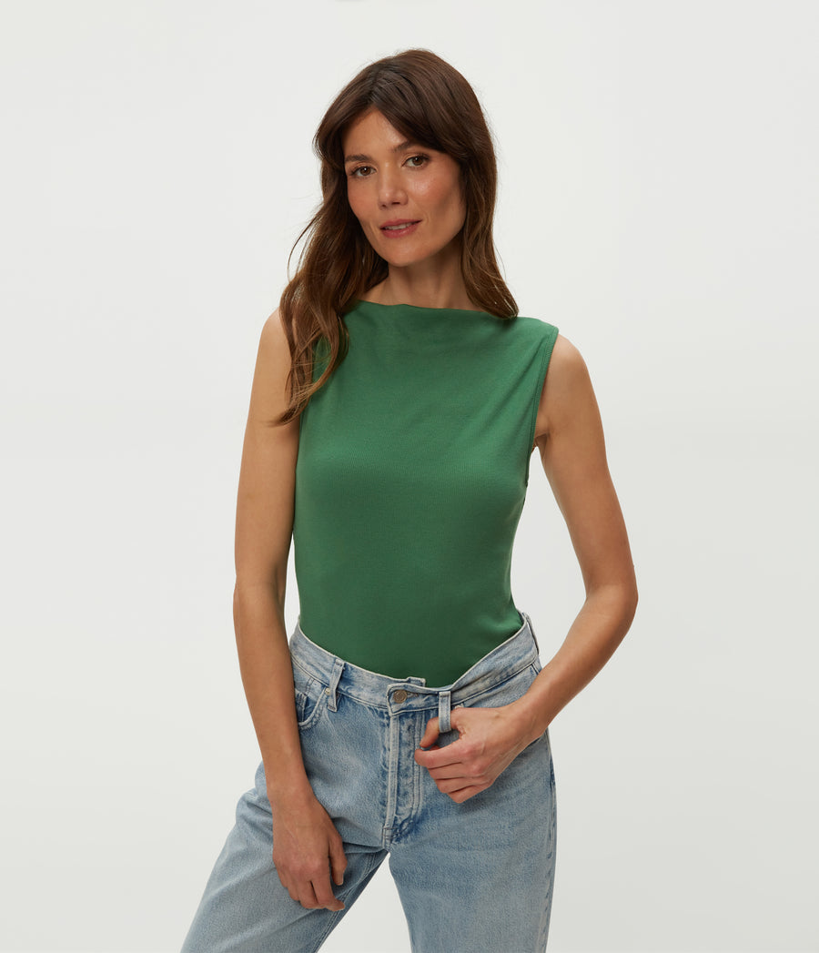 Coco Ruched Tank in Palm Green Close Up View #PALM