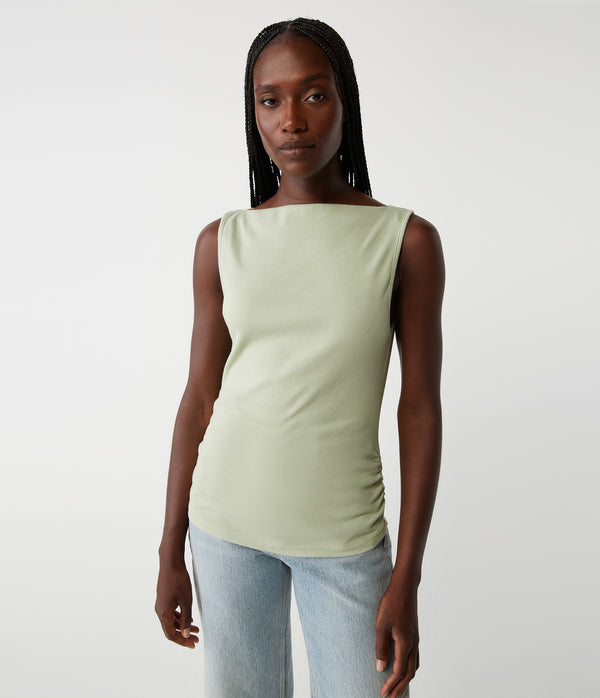 Coco Ruched Tank in Seacrest Green Close Up View #SEACREST