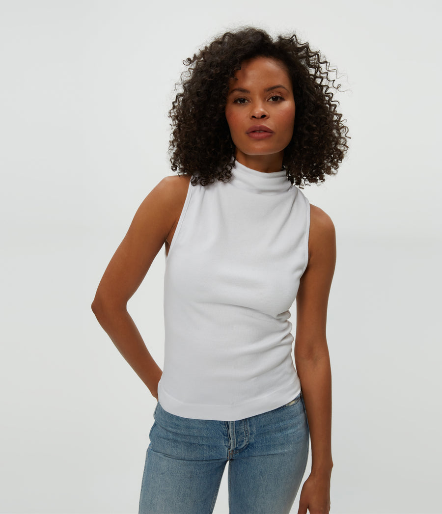Chiara Drape Neck Tank in White  Close Up View #WHITE