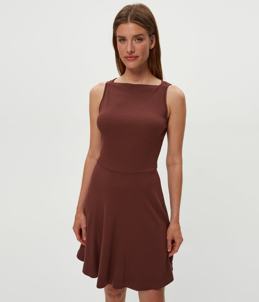 Andy Mini Skater Dress in ESPRESSO Brown Close Up View #ESPRESSO