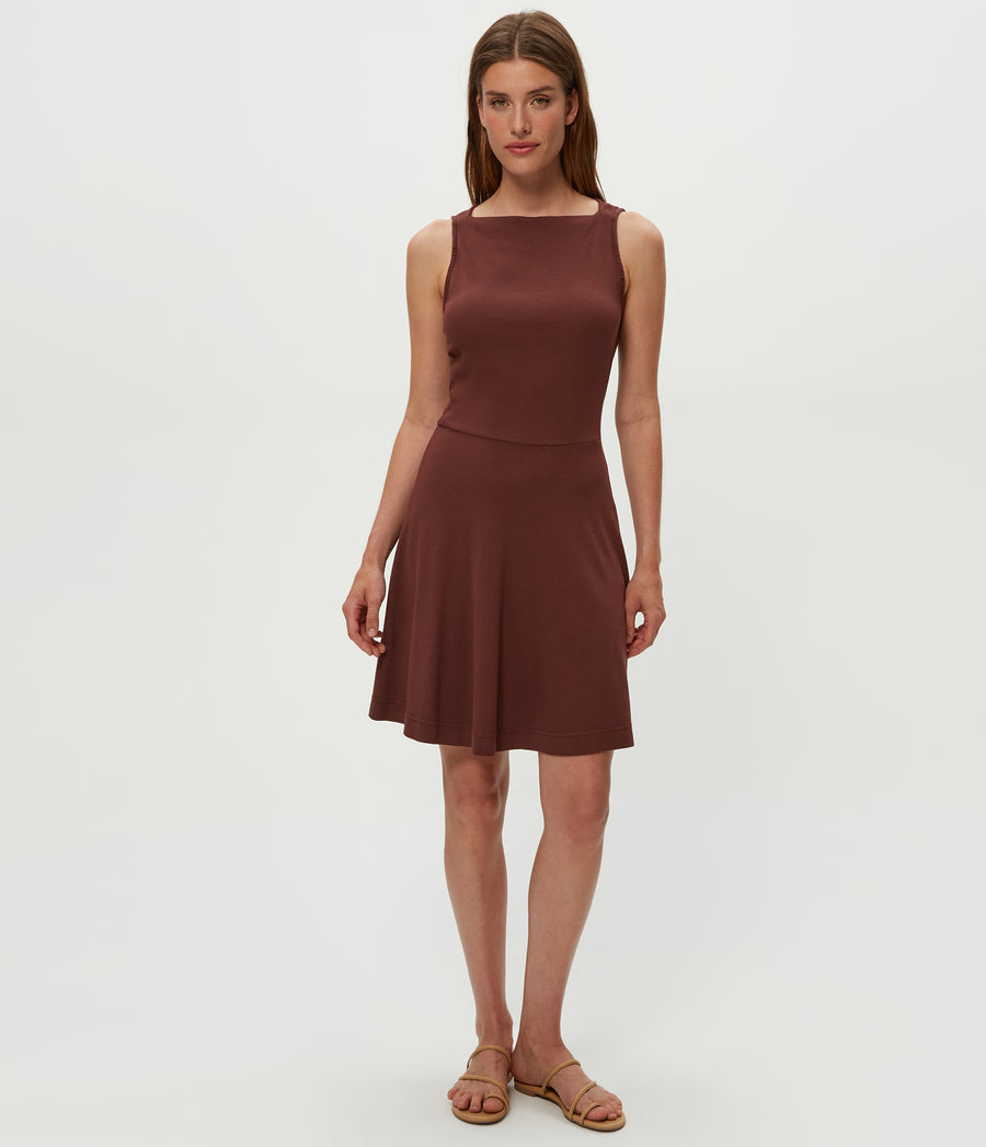 Andy Mini Skater Dress in ESPRESSO Brown Full Body View #ESPRESSO