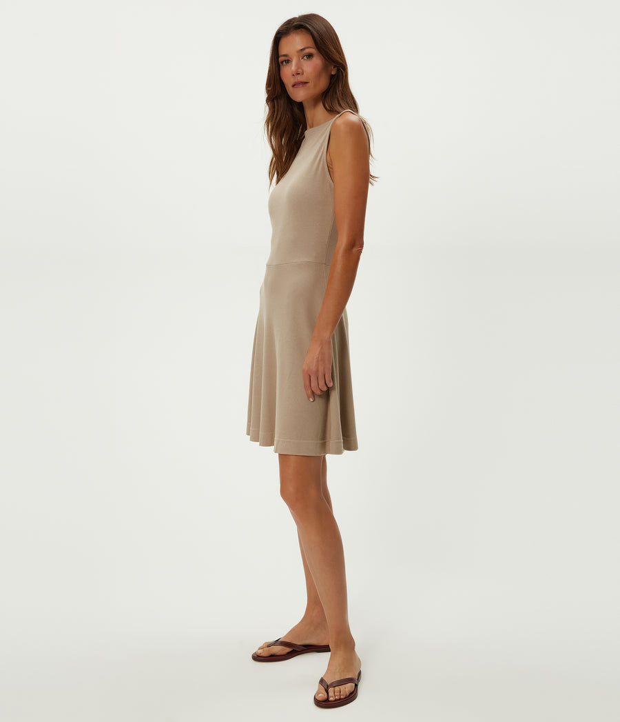 Andy Mini Skater Dress in  MACADAMIA Beige Side View #MACADAMIA