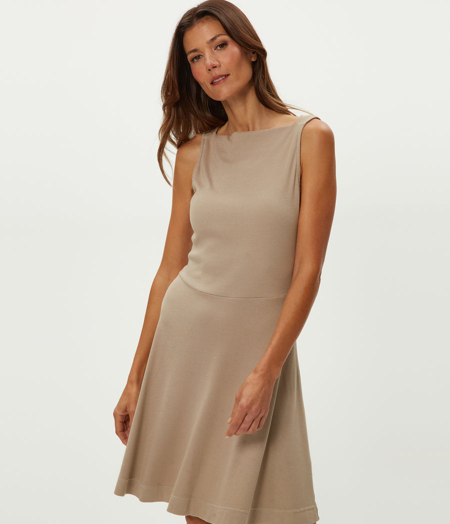 Andy Mini Skater Dress in  MACADAMIA Beige Close up View #MACADAMIA