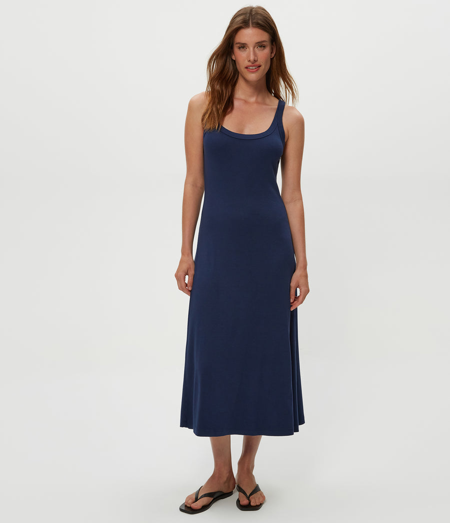 Celine Midi Dress in Nocturnal Blue Close up View  #NOCTURNAL