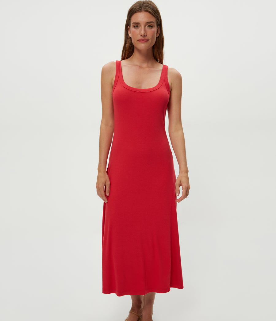 Celine Midi Dress in Rumba Red Close up View #RUMBA