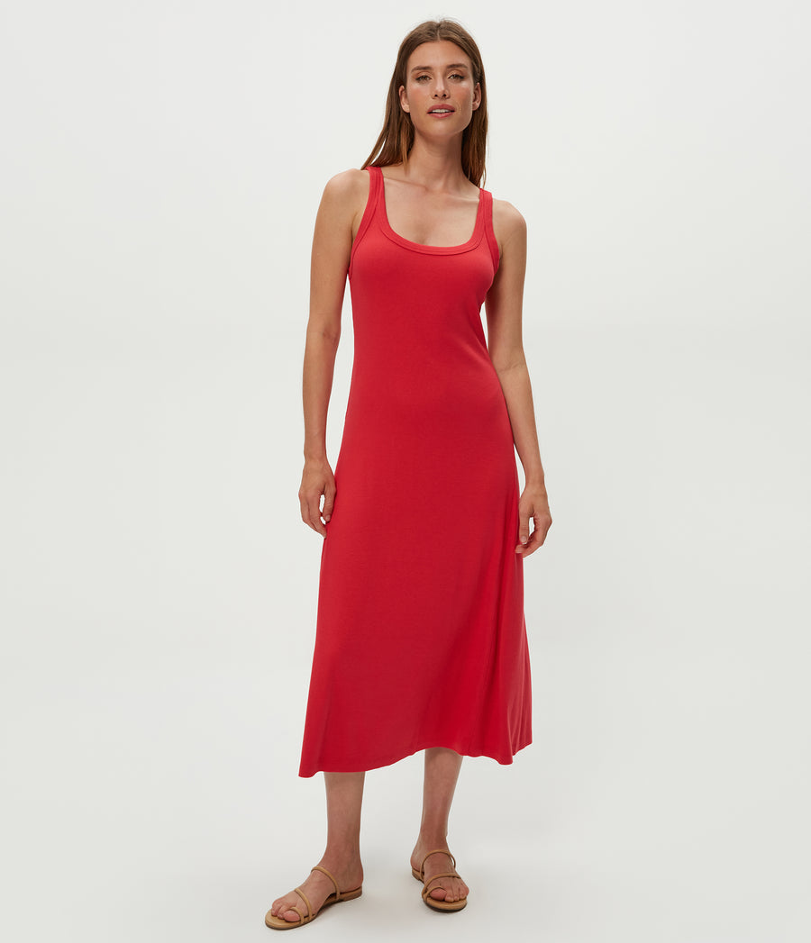 Celine Midi Dress in Rumba Red Full Body View #RUMBA