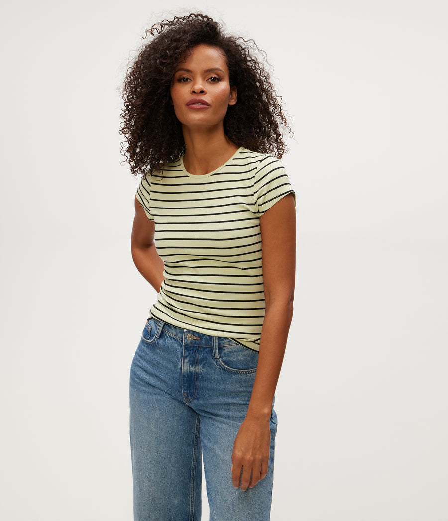 Joy Stripe Ribbed Tee in Celery GREEN Striped Black Close up View #CELERY STRIPE