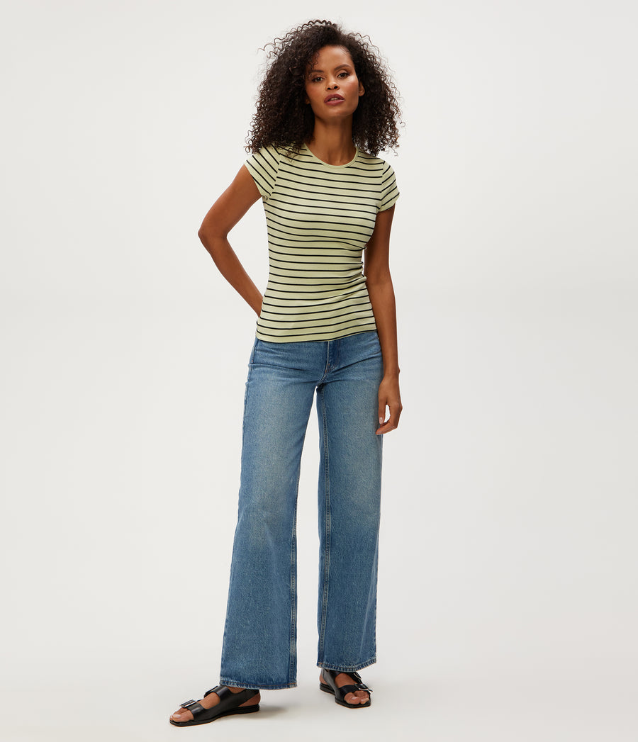 Joy Stripe Ribbed Tee in Celery GREEN Striped Black Full Body View #CELERY STRIPE