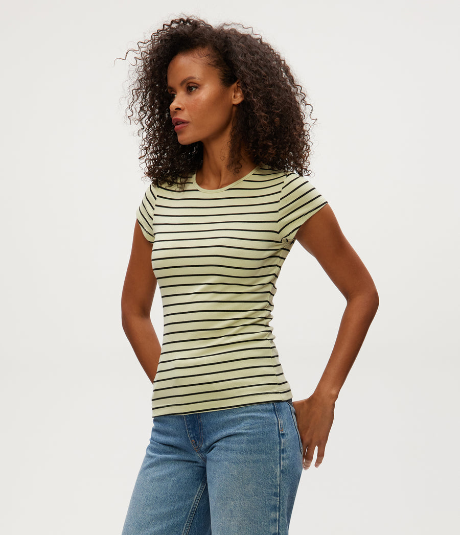 Joy Stripe Ribbed Tee in Celery GREEN Striped Black Side View #CELERY STRIPE