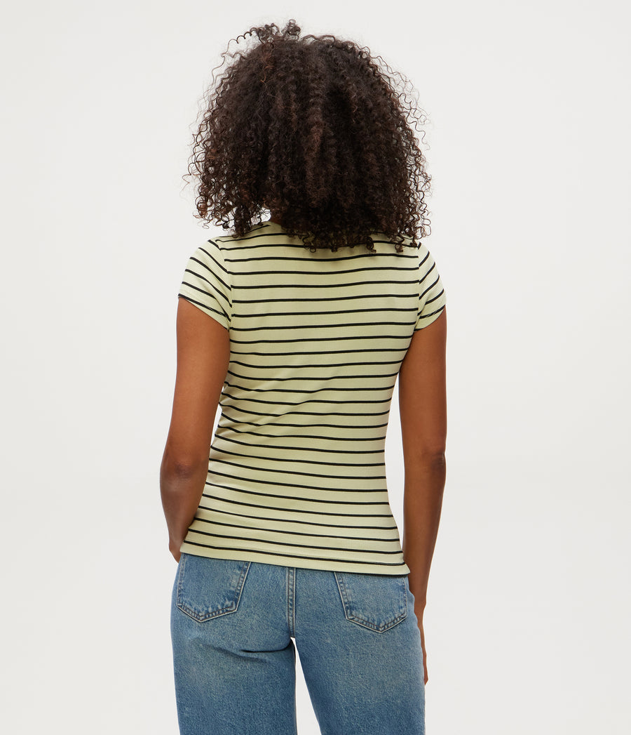 Joy Stripe Ribbed Tee in Celery GREEN Striped Black Back View #CELERY STRIPE