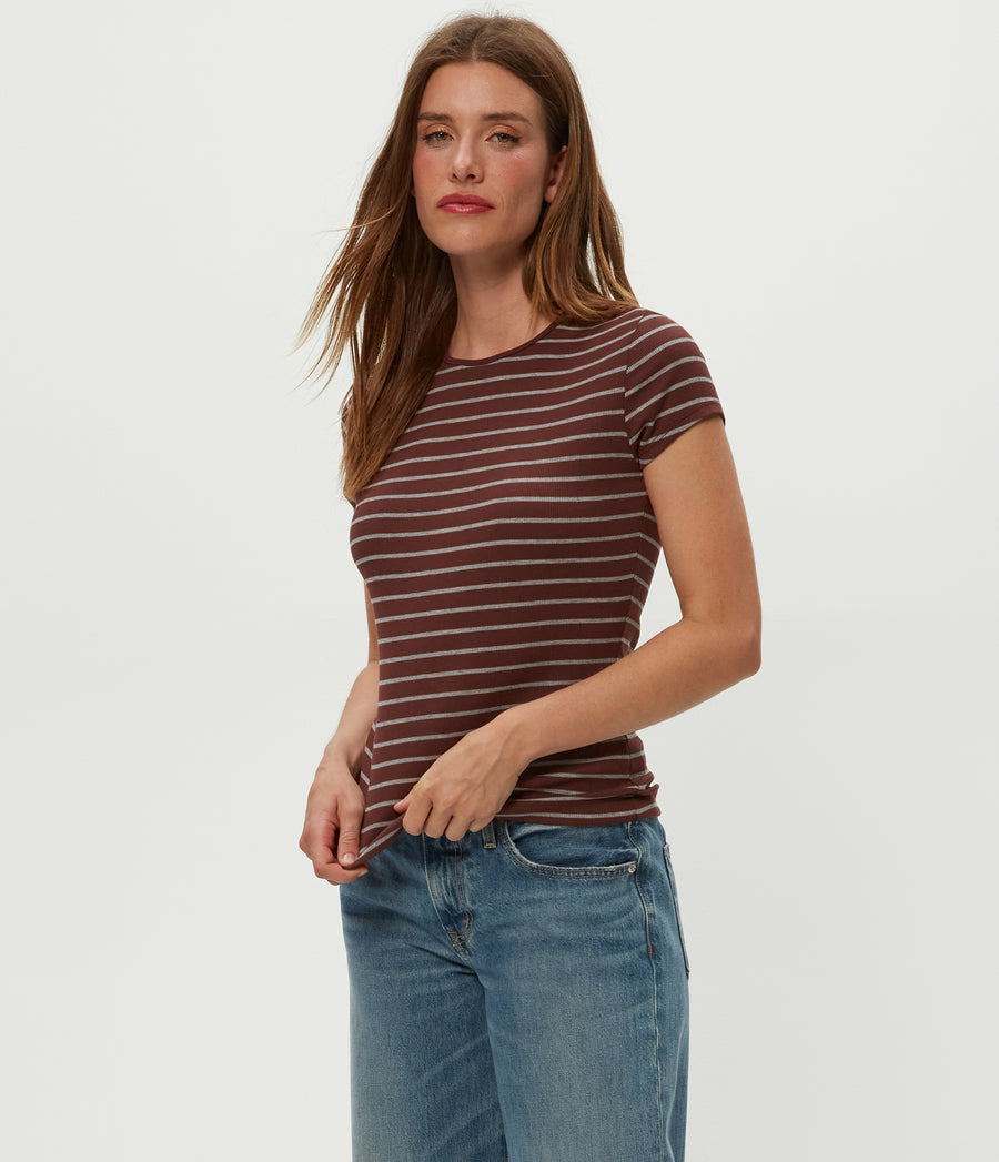 Joy Striped Ribbed Tee in ESPRESSO Brown Striped Heather Grey Side View #ESPRESSO STRIPE