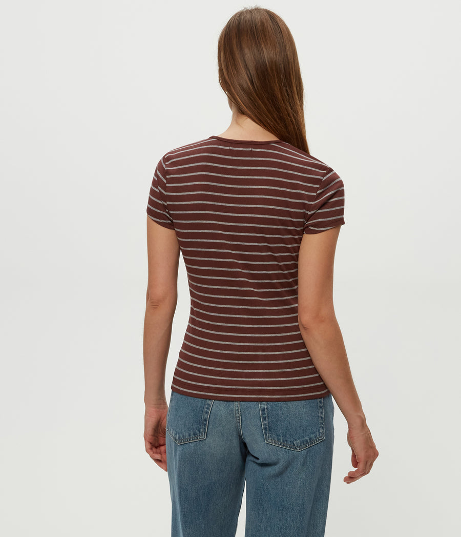 Joy Striped Ribbed Tee in ESPRESSO Brown Striped Heather Grey Side View #ESPRESSO STRIPE