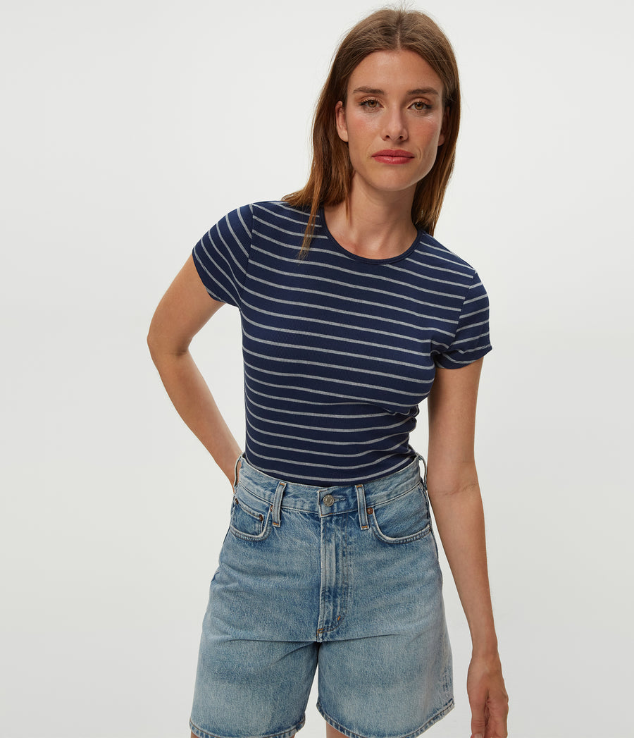 Joy Striped Ribbed Tee in Nocturnal Blue Striped Heather Grey Close up View  #NOCTURNAL STRIPE