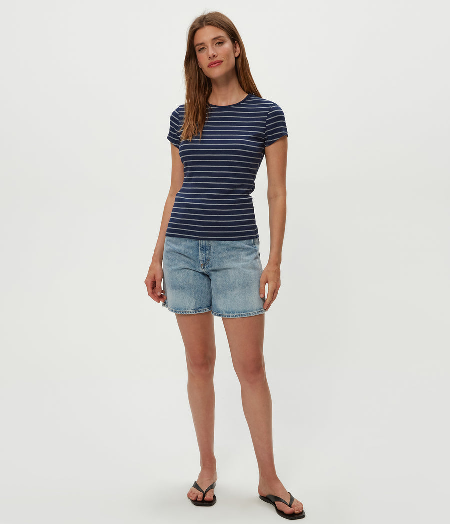 Joy Striped Ribbed Tee in Nocturnal Blue Striped Heather Grey Full Body View #NOCTURNAL STRIPE