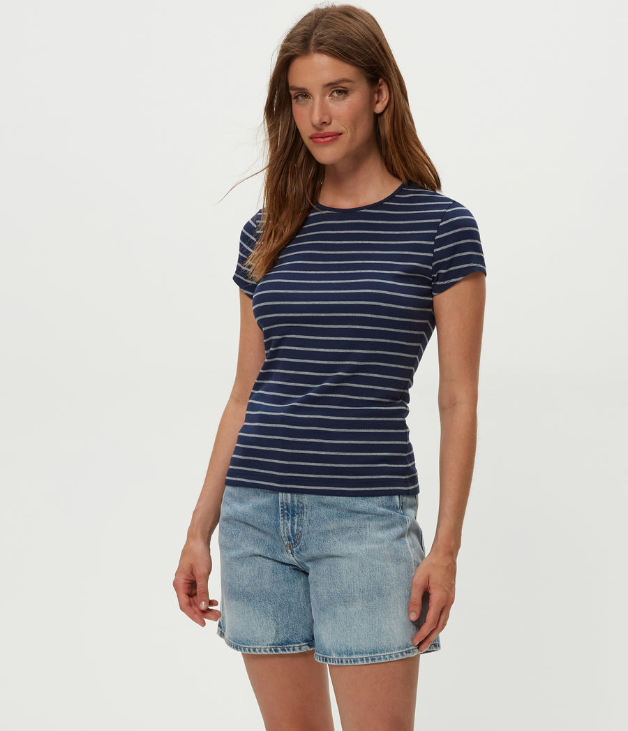 Joy Striped Ribbed Tee in Nocturnal Blue Striped Heather Grey Side View #NOCTURNAL STRIPE